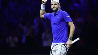 Bulgaria's Grigor Dimitrov of Team Europe celebrates during his match against Chile's Alejandro Tabilo (unseen) of Team World during their 2024 Laver Cup men's singles tennis match in Berlin, Germany on September 20, 2024. 
Ronny HARTMANN / AFP