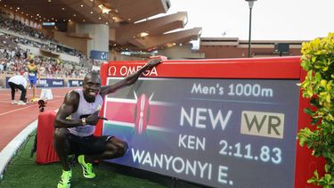 Kenya's Emmanuel Wanyonyi celebrates after setting a new World Record in the men's 1000m during the Diamond League athletics meeting at the Stade Louis II in Monaco on July 10, 2026. 
Valery HACHE / AFP