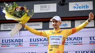 Team Decathlon CMA CGM's French rider Paul Seixas, the overall race leader and winner of the fifth stage of the Basque Country's Itzulia cycling tour, a 176.2 km race starting and finishing in Eibar, celebrates on the podium on April 10, 2026.  
ANDER GILLENEA / AFP
