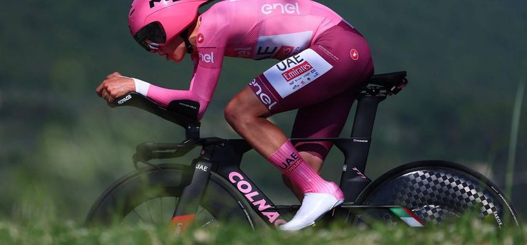 Team UAE's Slovenian rider Tadej Pogacar competes during the 7th stage of the 107th Giro d'Italia cycling race, an individual time trial between Foligno and Perugia, on May 10, 2024 in Foligno.  
Luca Bettini / AFP