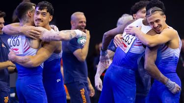 ROTTERDAM - De Nederlandse turners tijdens de kwalificaties op de wereldkampioenschappen turnen in Rotterdam Ahoy. IRIS VAN DEN BROEK / ANP