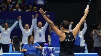 Italy’s Elisabetta Cocciaretto celebrates her win over USA’s Emma Navarro in their women’s singles final match at the Billie Jean King Cup tennis tournament in Shenzhen, in China’s southern Guangdong province on September 21, 2025. 
STR / AFP