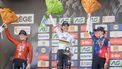 epa12058955 (L-R) Second placed Dutch cyclist Puck Pieterse of team Fenix-Deceuninck, first placed cyclist of Mauritius Kimberley Le Court Pienaar, and third placed Dutch Demi Vollering of team FDJ - SUEZ celebrate on the podium for the Liege Bastogne Liege cycling classic race for Elite Women over 152,9 km from Bastogne to Liege, Belgium, 27 April 2025.  EPA/OLIVIER MATTHYS