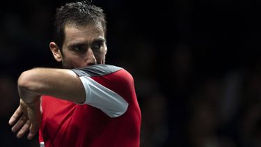 Croatia’s Marin Cilic gestures during the men's single semi-final tennis match between Australia and Croatia of the Davis Cup tennis tournament at the Martin Carpena sportshall, in Malaga on November 25, 2022. 
JORGE GUERRERO / AFP