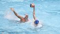 epa11069703 Lars Ten Broek of Netherlands (R)  in action against Konstantinos Gkiouvetsis of Greece (L) during the men's water polo European Championship round of sixteen play-off match between Greece  and Netherlands in Zagreb, Croatia, 11 January 2024.  EPA/ANTONIO BAT