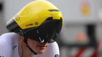 Team Visma-Lease a Bike's Dutch cyclist Olav Kooij, wearing his time trial helmet, crosses the finish line of the 3rd stage of the Paris-Nice cycling race, 26,9 km team time trial between Auxerre and Auxerre, on March 5, 2024. 
Thomas SAMSON / AFP