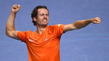 Netherlands' Wesley Koolhof celebrates at the end of the quarter-final doubles match between Netherlands and Spain during the Davis Cup Finals at the Palacio de Deportes Jose Maria Martin Carpena arena in Malaga, southern Spain, on November 19, 2024. Netherlands won 7-6, 7-6.
JORGE GUERRERO / AFP