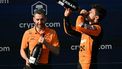 McLaren's British driver Lando Norris (R) celebrates on the podium with McLaren's Italian team principal Andrea Stella after winning the 2024 Miami Formula One Grand Prix at Miami International Autodrome in Miami Gardens, Florida, on May 5, 2024.  
Jim WATSON / AFP
