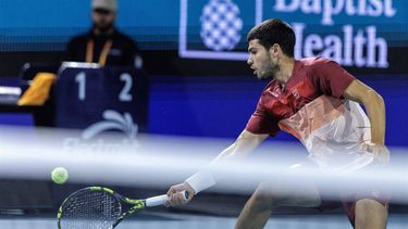 epa11980143 Carlos Alcaraz of Spain in action against David Goffin of Belgium during their Men's Singles 2nd round match at the 2025 Miami Open tennis tournament, in Miami, Florida, USA, 21 March 2025.  EPA/CRISTOBAL HERRERA-ULASHKEVICH
