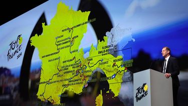 2023-10-25 13:01:45 Tour de France General Director Christian Prudhomme speaks in front of the map, showing the men's route, during the presentation of the official routes of the 2024 edition of the men's and women's Tour de France cycling race in Paris on October 25, 2023. Organisers unveiled the 3,492 kilometre route for the men's 2024 Tour de France, which will start in the Italian city of Florence and, with Paris off limits as it prepares to host the Olympics, end on the French Riviera in Nice.
Anne-Christine POUJOULAT / AFP