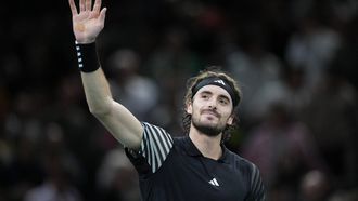 2023-11-03 17:37:58 Greece's Stefanos Tsitsipas celebrates after winning his men's singles quarter-final match against Karen Khachanov on day five of the Paris ATP Masters 1000 tennis tournament at the Accor Arena - Palais Omnisports de Paris-Bercy - in Paris on November 3, 2023. 
Dimitar DILKOFF / AFP