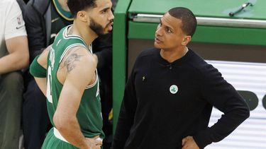 2023-05-29 21:51:12 epa10662626 Boston Celtics head coach Joe Mazzulla (R) talks with Boston Celtics forward Jayson Tatum (L) during the third quarter of the Eastern Conference Finals playoff game seven between the Boston Celtics and the Miami Heat at the TD Garden in Boston, Massachusetts, USA, 29 May 2023. The best of seven series is tied 3-3 and the winner will go on to face the Denver Nuggets in the NBA Finals on 01 June 2023.  EPA/CJ GUNTHER  SHUTTERSTOCK OUT