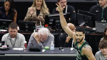 epa11730152 Boston Celtics forward Jayson Tatum gestures following a three point shot in the first half of an NBA Cup tournament game against the Cleveland Cavaliers in Boston, Massachusetts, USA, 19 November 2024.  EPA/CJ GUNTHER SHUTTERSTOCK OUT