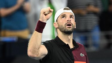 epa11061959 Grigor Dimitrov of Bulgaria celebrates winning against Holger Rune of Denmark in the men’s Final on Day 8 of the 2024 Brisbane International at the Queensland Tennis Centre in Brisbane, Australia, 07 January 2024.  EPA/DARREN ENGLAND  AUSTRALIA AND NEW ZEALAND OUT