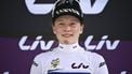 Fenix-Deceuninck team 's Dutch rider Puck Pieterse celebrates on the podium with the best young rider's white jersey after the 7th stage (out of 8) of the third edition of the Women's Tour de France cycling race, a 166.4 km between Champagnole and Le Grand-Bornand, on August 17, 2024.  
JULIEN DE ROSA / AFP