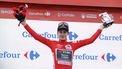 epa12371515 Danish cyclist Jonas Vingegaard of Team Visma in the overall leader red jersey after the 19th stage of La Vuelta a Espana cycling race that covers 161.9 km between Rueda and Guijuelo towns, Spain, 12 September 2025.  EPA/Javier Lizon