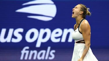 Belarus's Aryna Sabalenka reacts during her women's singles final tennis match against USA's Amanda Anisimova on day fourteen of the US Open tennis tournament at the USTA Billie Jean King National Tennis Center in New York City, on September 6, 2025. 
TIMOTHY A.CLARY / AFP
