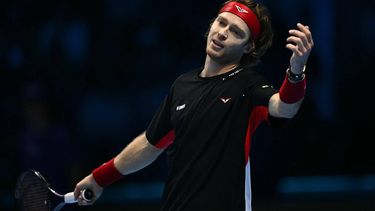 Russia's Andrey Rublev reacts during his match against Norway's Casper Ruud at the ATP Finals tennis tournament in Turin on November 15, 2024. 
Marco BERTORELLO / AFP
