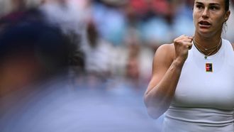 Belarus's Aryna Sabalenka celebrates after winning a point against Czech Republic's Marie Bouzkova during their women's singles second round tennis match on the third day of the 2025 Wimbledon Championships at The All England Lawn Tennis and Croquet Club in Wimbledon, southwest London, on July 2, 2025. 
Kirill KUDRYAVTSEV / AFP