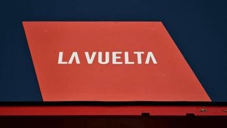 The logo of 'La Vuelta' cycling tour of Spain is pictured during the official teams presentation in Torino, Italy on August 21, 2025. 
Marco BERTORELLO / AFP