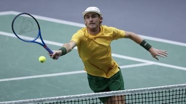 epa11605993 Max Purcell (pictured) and Matthew Ebden of Australia react against Pedro Martinez and Marcel Granollers of Spain during the third match for the first place in the Group B for the Davis Cup Finals between Spain and Australia held in Valencia, Spain, 15 September 2024.  EPA/BIEL ALINO