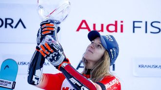 epa12623146 Winner Camille Rast of Switzerland celebrates on the podium after the second run of the Women's Giant Slalom race at the FIS Alpine Skiing World Cup in Kranjska Gora, Slovenia, 03 January 2026.  EPA/ANTONIO BAT