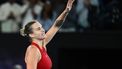 epa11103144 Aryna Sabalenka of Belarus celebrates her Women’s Singles semifinal win over Coco Gauff of the USA on Day 12 of the Australian Open tennis tournament in Melbourne, Australia, 25 January 2024.  EPA/JOEL CARRETT AUSTRALIA AND NEW ZEALAND OUT