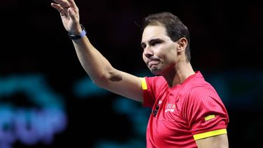 Spain's Rafael Nadal waves during a tribute to his career at the end of the quarter-final doubles match between Netherlands and Spain during the Davis Cup Finals at the Palacio de Deportes Jose Maria Martin Carpena arena in Malaga, southern Spain, on November 19, 2024. Superstar Rafael Nadal's glittering career in professional tennis came to an end on November 19, 2024 as Netherlands eliminated Spain in the Davis Cup quarter-finals.
Thomas COEX / AFP
