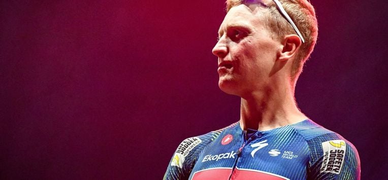 Soudal Quick-Step's Belgian rider Tim Merlier looks on in the podium after the 'Natourcriterium Herentals' cycling race in Herentals on July 30, 2026.   The contest is a part of the traditional 'criteriums', local races in which mainly cyclists who rode the Tour de France compete.
ELIAS ROM / Belga / AFP