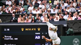 Britain's Sonay Kartal serves to Russia's Anastasia Pavlyuchenkova during their women's singles fourth round tennis match on the seventh day of the 2025 Wimbledon Championships at The All England Lawn Tennis and Croquet Club in Wimbledon, southwest London, on July 6, 2025. 
Kirill KUDRYAVTSEV / AFP