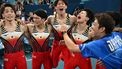 Team Japan celebrates after winning the gold medal during the artistic gymnastics men's team final during the Paris 2024 Olympic Games at the Bercy Arena in Paris, on July 29, 2024. 
Paul ELLIS / AFP