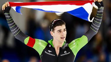 HEERENVEEN - Jenning de Boo reageert na het winnen van de tweede 500 meter voor mannen tijdens de eerste dag van het NK afstanden in Thialf. Voor de Nederlandse rijders en rijdsters is dit toernooi een belangrijke tussenstop onderweg naar het WK afstanden in Hamar. ANP SEM VAN DER WAL