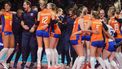 epa10838219 Celeste Plak and Felix Koslowski of The Netherlands (L) jubilate as they win 3-0 during the EuroVolley Women 2023 bronze medal match volleyball match between The Netherlands and Italy, in Brussels, Belgium, 03 September 2023.  EPA/OLIVIER MATTHYS