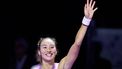 China's Zheng Qinwen reacts after winning against Italy's Jasmine Paolini during their women's singles tennis match at the WTA Finals Championship in Riyadh on November 6, 2024. 
Fayez NURELDINE / AFP