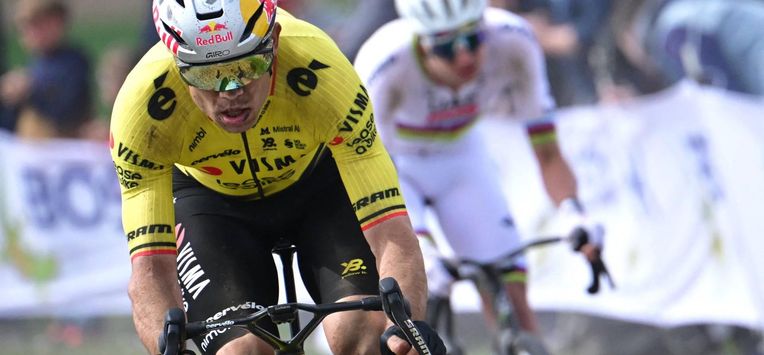 Team Visma - Lease a Bike's Belgian rider Wout van Aert cycles in a breakaway ahead of UAE Team Emirates XRG's Slovenian rider Tadej Pogacar during the 123rd edition of the Paris-Roubaix one-day classic cycling race, 258.3 km between Compiègne and Roubaix, northern France, on April 12, 2026.  
Bernard PAPON / POOL / AFP