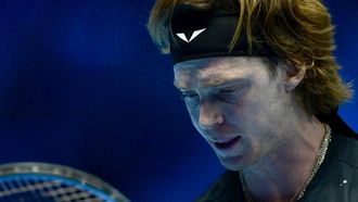 2023-11-17 21:37:35 Russia's Andrey Rublev reacts during the first round-robin match against Germany's Alexander Zverev at the ATP Finals tennis tournament in Turin on November 17, 2023.
 
Tiziana FABI / AFP