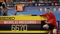 Switzerland's Simon Ehammer reacts after taking gold after the men's heptathlon 1000m final during the World Athletics Indoor Championships Kujawy Pomorze 2026 in Torun, Poland on March 21, 2026. 
Wojtek RADWANSKI / AFP