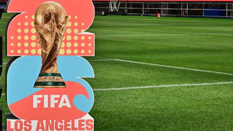 The official logo for Los Angeles as host of a number of matches for the 2026 World Cup as the new test pitch at Sofi Stadium is revealed to the media in Inglewood, California on March 13, 2025. The pitch will be used for the upcoming Concacaf Nations League semifinals on March 20 when the US play Panama and Canada plays Mexico. 
Frederic J. BROWN / AFP