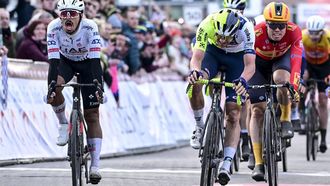 UAE Team Emirates Portuguese rider Antonio Morgado (L) and Intermarche-Wanty Belgian rider Laurenz Rex (3R) sprint to the line during the 'Grand Prix du Samyn', the first of 10 races in the Lotto Cycling Cup, a 202km one day race from Quaregnon to Dour, on February 27, 2024. 
LAURIE DIEFFEMBACQ / Belga / AFP