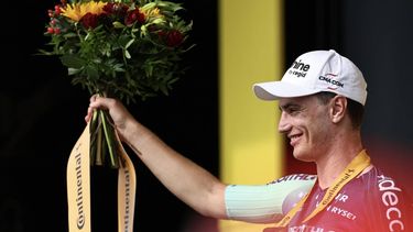 Decathlon CMA CGM Team's Dutch rider Olav Kooij celebrates on the podium after winning the 5th stage of the 113th edition of the Tour de France cycling race, 158 km between Lannemezan and Pau in southwestern France, on July 8, 2026. 
Anne-Christine POUJOULAT / AFP