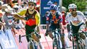 Cofidis rider Bryan Coquard from France (L) reacts after winning stage 4 of the Tour Down Under cycling race in Adelaide on January 24, 2025. 
Brenton Edwards / AFP