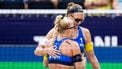 APELDOORN - Katja Stam en Raïsa Schoon tijdens de poulefase van het EK Beachvolleybal 2024. In drie Nederlandse steden wordt gestreden om de Europese titel. ANP IRIS VAN DEN BROEK