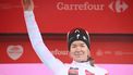 Third placed Team SD Worx Dutch rider Anna van der Breggen celebrates on the podium after the 7th stage of the 2025 La Vuelta Femenina cycling tour of Spain, a 152.6 km race from La Robla to Cotobello, on May 10, 2025. 
MIGUEL RIOPA / AFP