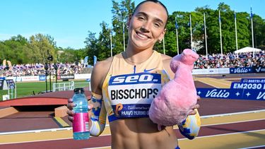 epa13013649 Minke Bisschops of Netherlands celebrates after the Women 100m final event at the Paavo Nurmi Games athletics meeting in Turku, Finland, 03 June 2026.  EPA/KIMMO BRANDT