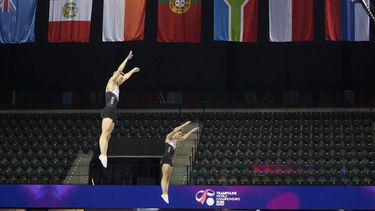 epa12514509 Germany's men team in action during the final of the 2025 World Trampoline Championships, in Pamplona, Navarra, Spain, 09 November 2025.  EPA/Inaki Porto