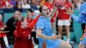 epa11529430 Laura van der Heijden (R) of the Netherlands in action against Anne Mette Hansen (L) of Denmark during the Handball competitions in the Paris 2024 Olympic Games, at the South Paris Arena in Paris, France, XX YY 2024.  EPA/ALEX PLAVEVSKI