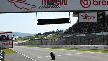 Team Aprilia Racing's Marco Bezzecchi crosses the finish line of the Italian Moto GP Grand Prix at Mugello circuit, in Mugello, near Florence, on May 31, 2026. 
Andreas SOLARO / AFP