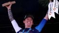 Israel - Premier Tech's British rider Thomas Jake Stewart celebrates winning the stage on the podium of the 5th stage of the 77th edition of the Criterium du Dauphine cycling race, 183 km between Saint-Priest and Mâcon, on June 12, 2025. 
Anne-Christine POUJOULAT / AFP