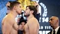 AMSTERDAM - Kickbokser Rico Verhoeven en de Rus Artjom Vachitov tijdens het weegmoment in aanloop naar het honderdste evenement van kickboksorganisatie Glory. Tegen Vachitov zal Verhoeven voor de dertiende keer zijn titel verdedigen. ANP KOEN VAN WEEL