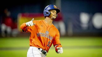 ROTTERDAM - Honkballer DIDDER Ray-Patrick viert zijn homerun  van Nederland in actie van Spanje tijdens de halve finale van het EK honkbal 2025. ANP ROBIN UTRECHT